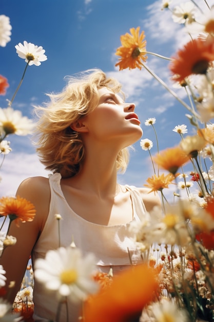 Porträt einer Frau mit blühenden Frühlingsblumen