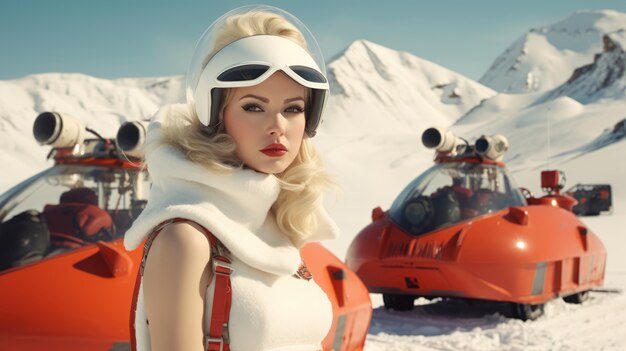 Porträt einer Frau mit Superheldenanzug und Winter-Hintergrund