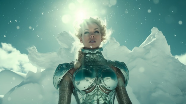 Porträt einer Frau mit Superheldenanzug und Winter-Hintergrund