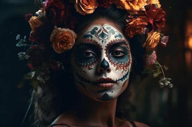 Porträt einer Frau mit Zuckerschädel-Make-up über dunklem Hintergrund Halloween-Kostüm und Make-up-Portra