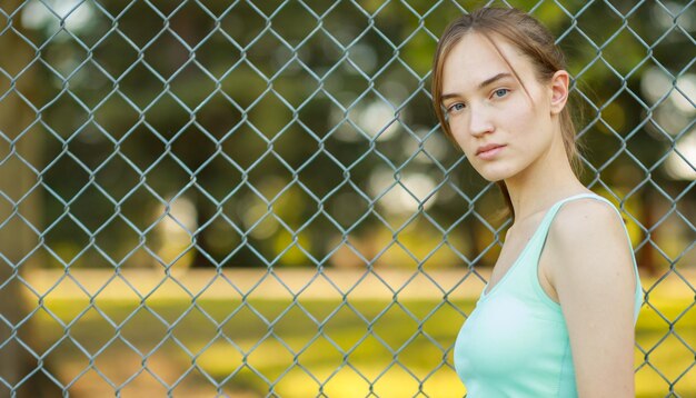 Porträt einer jungen schönen Dame, die die Kamera im Park betrachtet