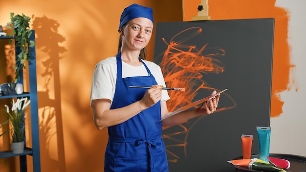 Porträt einer Künstlerin, die ein Meisterwerk auf Leinwand malt, mit Aquarell und Aquarellpalette mit oranger Farbe, um professionelle Kunstwerke zu malen. Design mit künstlerischem Geschick und Weitblick gestalten.