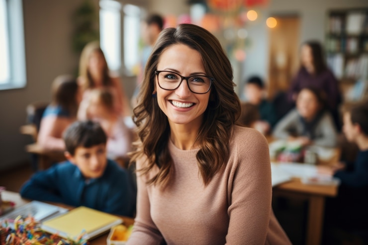 Kostenlose Foto porträt einer lehrerin im klassenzimmer
