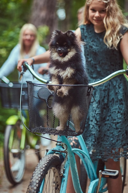 Porträt einer Mutter und Tochter mit blonden Haaren auf einer Fahrradtour mit ihrem süßen kleinen Spitzhund in einem Park.