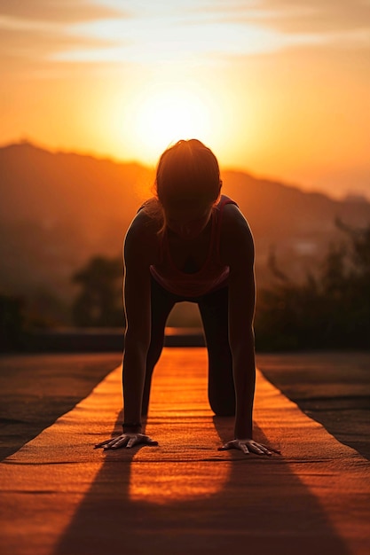 Porträt einer Person, die bei Sonnenuntergang Yoga praktiziert