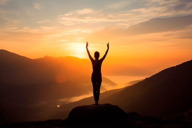 Kostenloses Foto porträt einer person, die bei sonnenuntergang yoga praktiziert