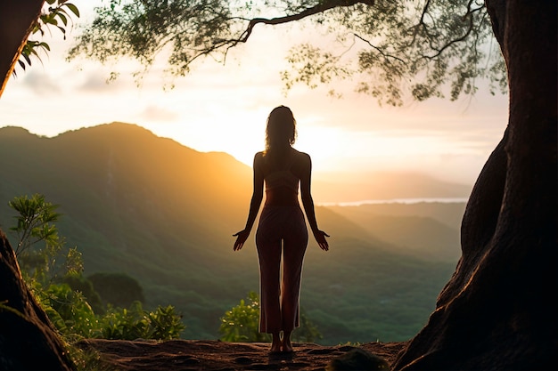 Porträt einer Person, die im Freien in der Natur Yoga praktiziert