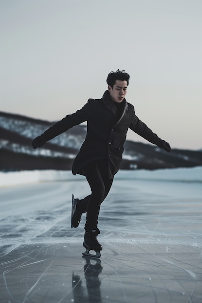 Kostenloses Foto porträt einer person, die im winter im freien eislaufen geht