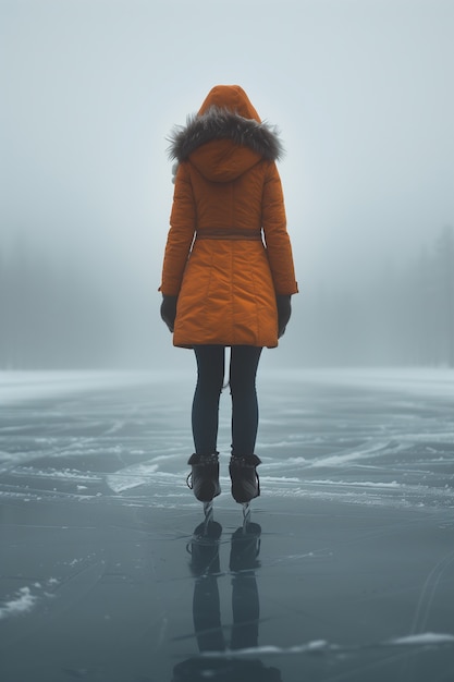 Kostenloses Foto porträt einer person, die im winter im freien eislaufen geht