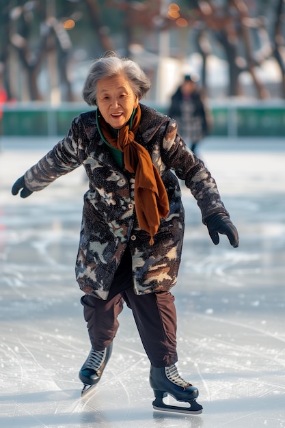 Kostenloses Foto porträt einer person, die im winter im freien eislaufen geht