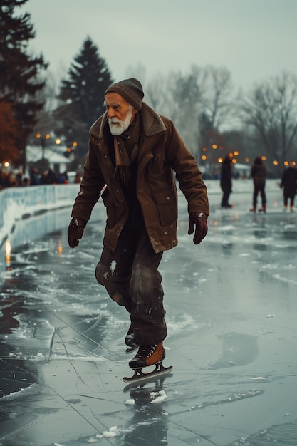 Kostenloses Foto porträt einer person, die im winter im freien eislaufen geht