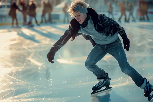 Porträt einer Person, die im Winter im Freien Eislaufen geht