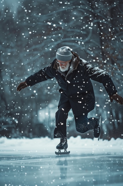 Porträt einer Person, die im Winter im Freien Eislaufen geht
