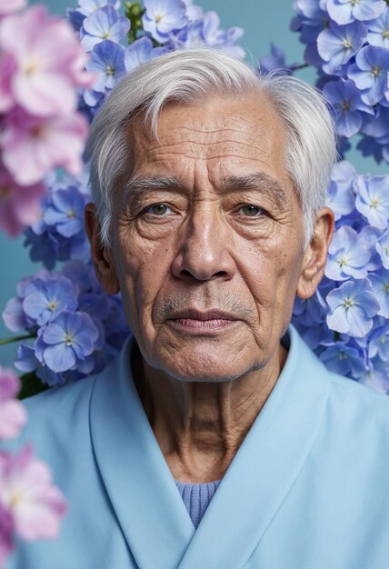 Porträt einer Person, die von Blumen umgeben ist