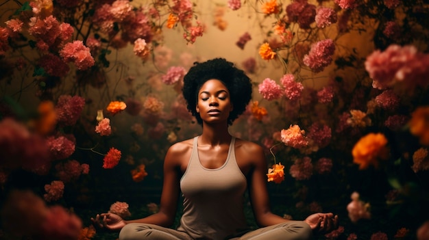 Kostenloses Foto porträt einer person, die yoga mit blumigem hintergrund praktiziert