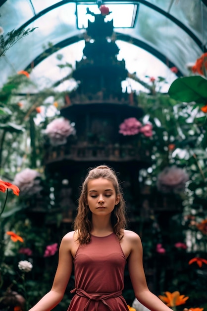 Kostenloses Foto porträt einer person, die yoga mit blumigem hintergrund praktiziert