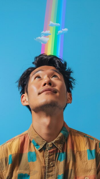 Porträt einer Person mit Regenbogenfarben, die Gedanken des ADHD-Gehirns symbolisieren