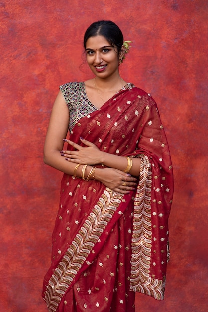Porträt einer schönen Frau, die ein traditionelles Sari-Gewand trägt
