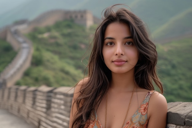 Kostenloses Foto porträt einer touristin, die die chinesische mauer besucht