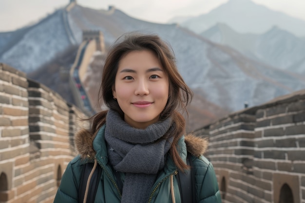 Kostenloses Foto porträt einer touristin, die die chinesische mauer besucht