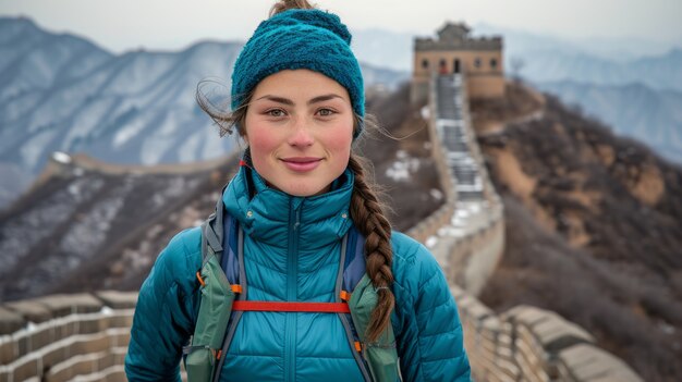 Kostenloses Foto porträt einer touristin, die die chinesische mauer besucht