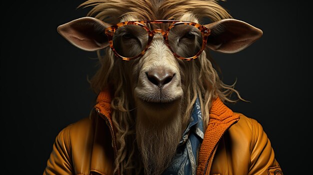 Porträt einer Ziege mit orangefarbener Sonnenbrille, aufgenommen in einem Studio