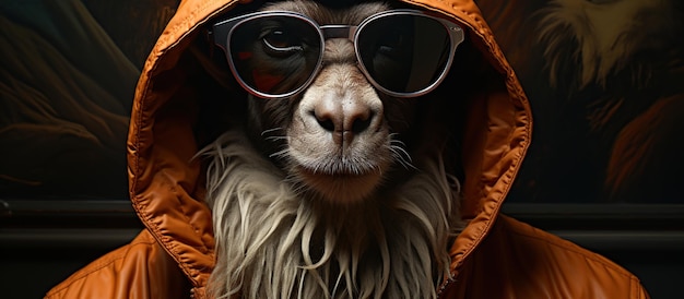 Porträt einer Ziege mit orangefarbener Sonnenbrille, aufgenommen in einem Studio