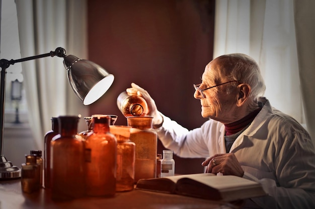Porträt eines älteren Mannes, der eine Flüssigkeit in ein Glas gießt