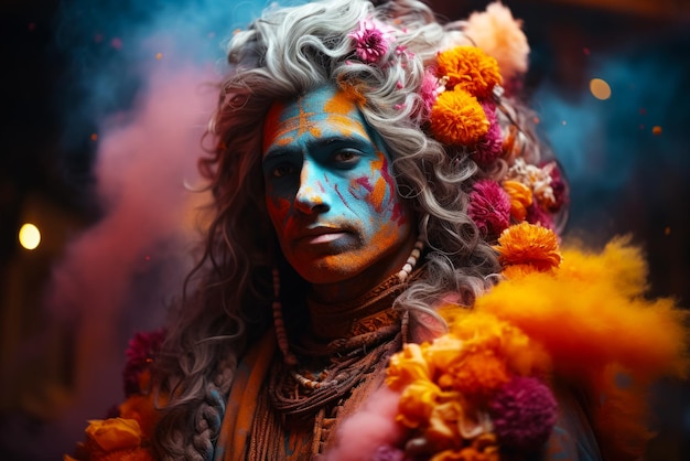 Porträt eines als Vishnu gekleideten Mannes in einer Wolke farbigen Pulvers in einem Tempel während des Holi