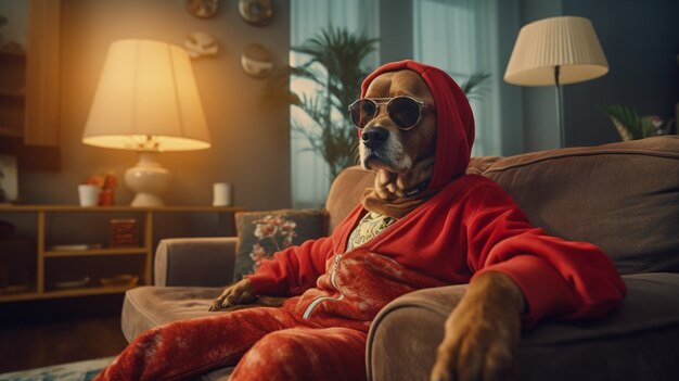 Porträt eines anthropomorphen Hundes, der in menschliche Kleidung gekleidet ist