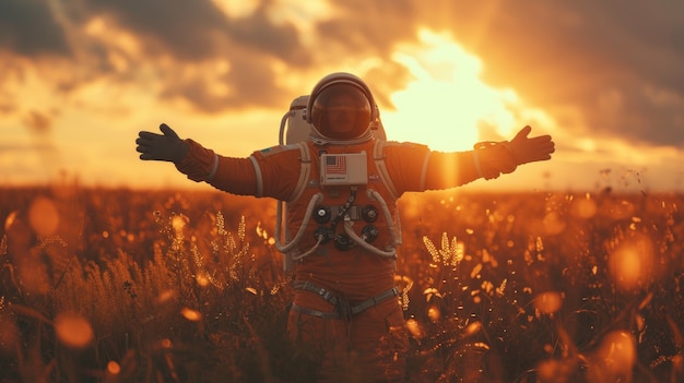 Kostenloses Foto porträt eines astronauten im raumanzug, der eine gewöhnliche aktivität im freien ausführt
