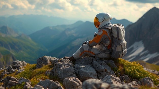 Porträt eines Astronauten in Raumanzug mit Bergen