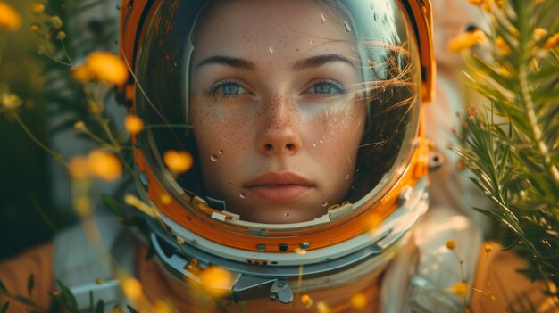 Porträt eines Astronauten in Raumanzug mit Blumen