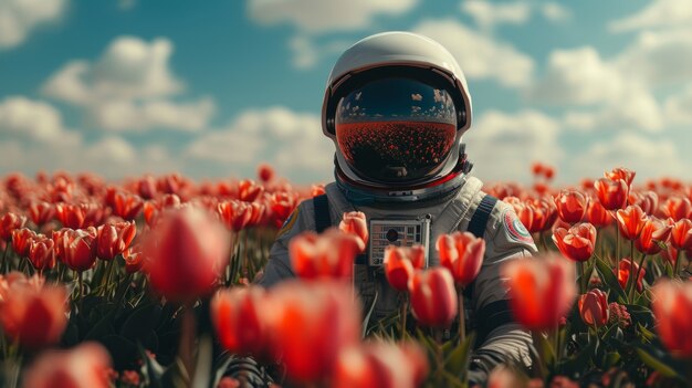 Porträt eines Astronauten in Raumanzug mit Blumen