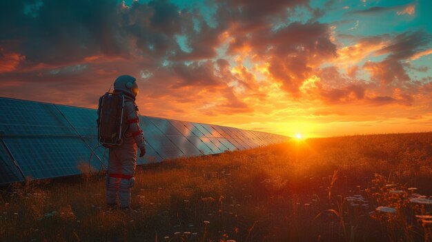 Porträt eines Astronauten in Raumanzug mit Solarpanelen