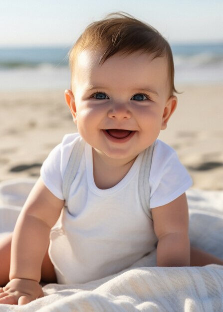Porträt eines entzückenden Neugeborenen am Strand