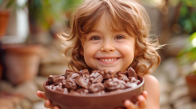 Porträt eines glücklichen Kindes, das leckere Schokolade isst