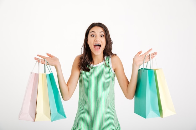 Porträt eines glücklichen Mädchens im Kleid, das Einkaufstaschen hält