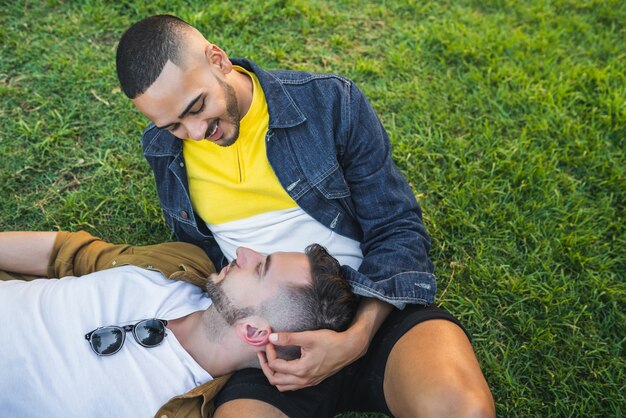Porträt eines glücklichen schwulen Paares, das Zeit zusammen verbringt und ein Date im Park hat. Lgbt und Liebeskonzept.