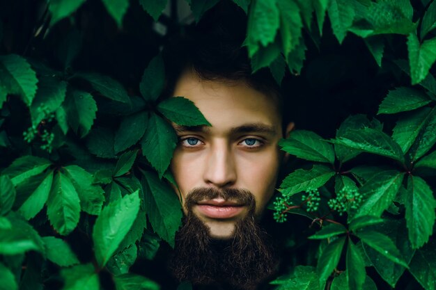 Porträt eines gutaussehenden Mannes auf grünen Sommerblättern. Arbeiten Sie Brunettemann mit blauen Augen, Porträt in den wilden Blättern (Trauben), natürlicher Hintergrund um.
