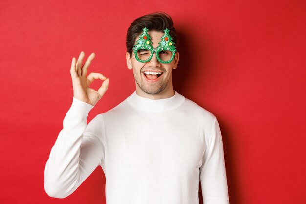 Porträt eines gutaussehenden und frechen Kerls, der eine Partybrille und einen weißen Pullover trägt, ein okayzeichen zeigt und zwinkert, ein frohes neues Jahr wünscht, auf rotem Hintergrund steht.