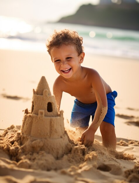 Kostenloses Foto porträt eines jungen, der ein sandschloss baut