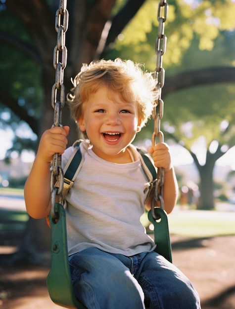 Kostenloses Foto porträt eines jungen, der sich beim schwingen amüsiert