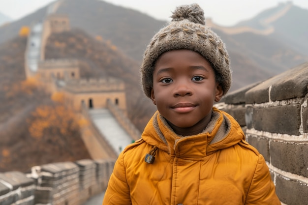 Kostenloses Foto porträt eines jungen kinderturistikers, der die chinesische mauer besucht