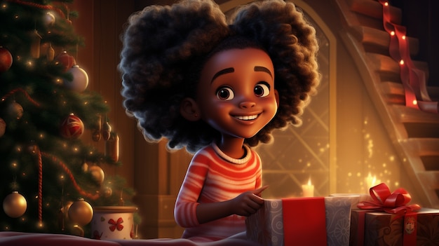 Kostenloses Foto porträt eines jungen mädchens im cartoon-stil, das weihnachten feiert