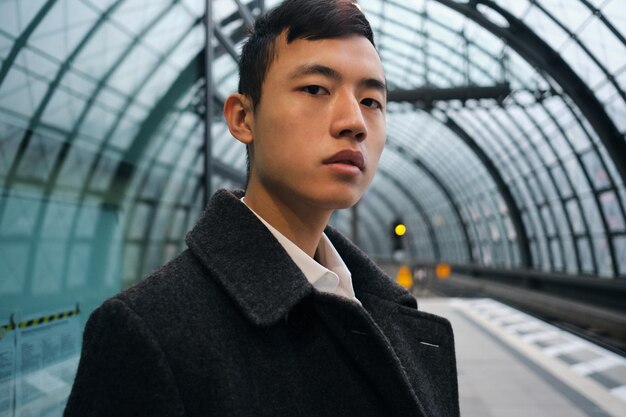 Porträt eines jungen stilvollen asiatischen Geschäftsmannes, der selbstbewusst in die Kamera einer modernen U-Bahn-Station blickt