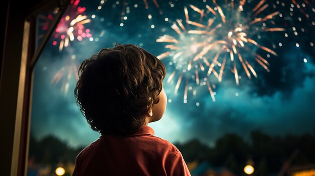 Porträt eines kleinen Jungen mit Feuerwerk