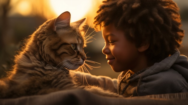 Kostenloses Foto porträt eines kleinen jungen mit katze