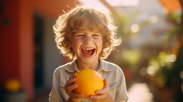Porträt eines kleinen Jungen mit orangefarbener Frucht