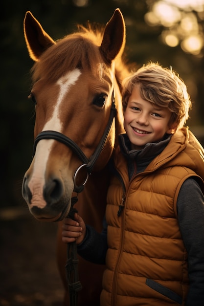 Porträt eines kleinen Jungen mit Pferd